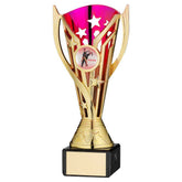 GOLD/PURPLE PLASTIC 'FLASH' CUP ON BLK MARBLE ASSEMBLED TROPHY (1" CEN) - 7.25in